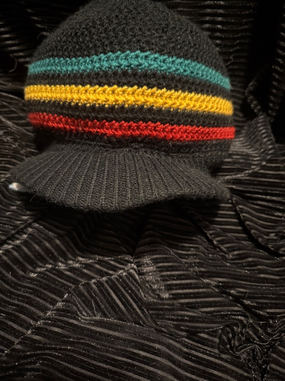 Black Knit Visor Beanie with Red, Yellow & Teal Stripes